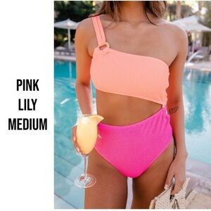 Pink Lily Sweet Day Dreams - Orange/Pink CutOut One-Shoulder 1 Piece  - Medium